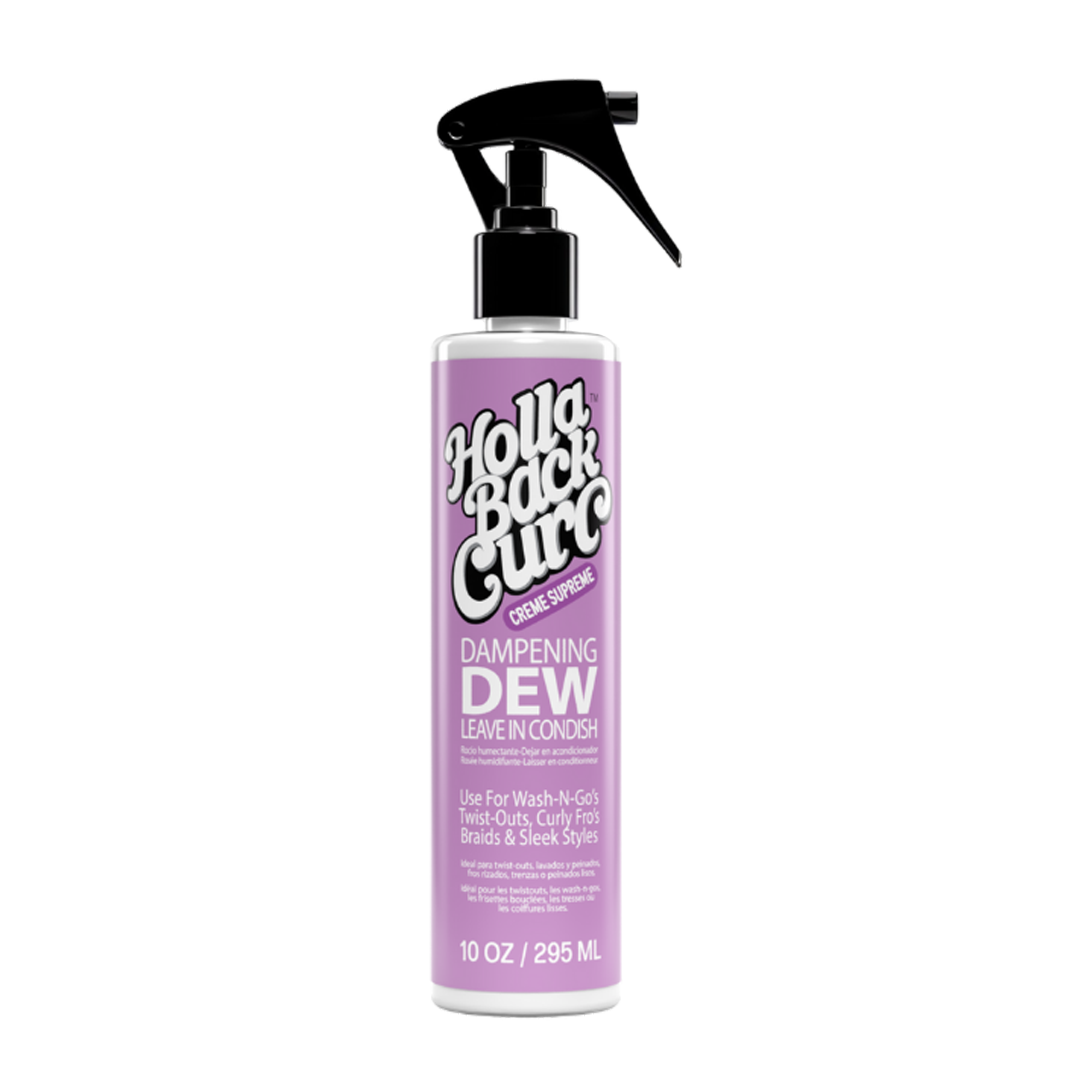 Purple 10oz bottle of Holla Back Curl Dampening Dew Leave In Conditioner hair product with a spray nozzle
