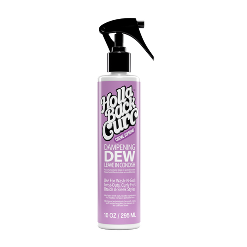 Purple 10oz bottle of Holla Back Curl Dampening Dew Leave In Conditioner hair product with a spray nozzle