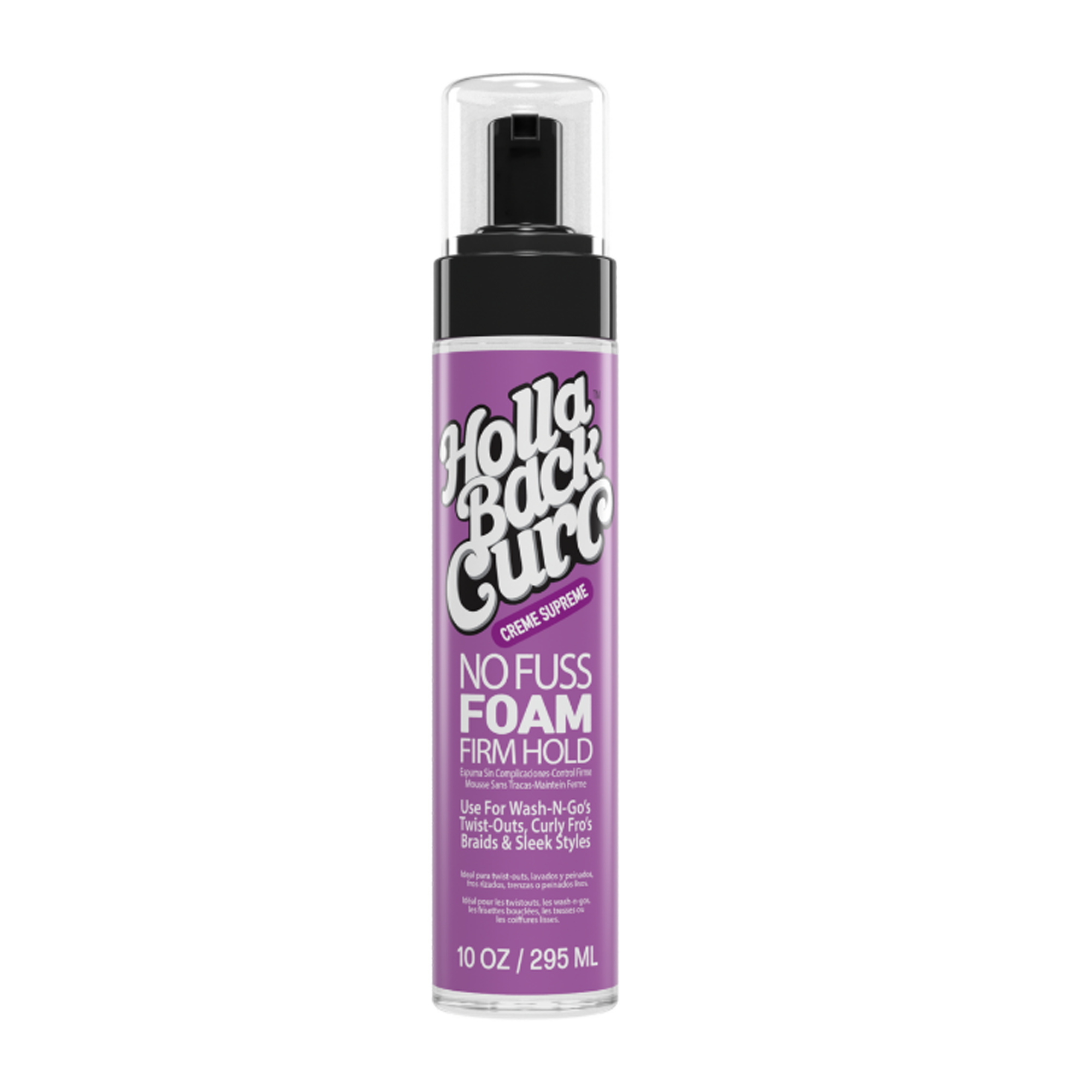 Purple 10oz bottle of Holla Back Curl Firm Hold No Fuss Foam with a pump top