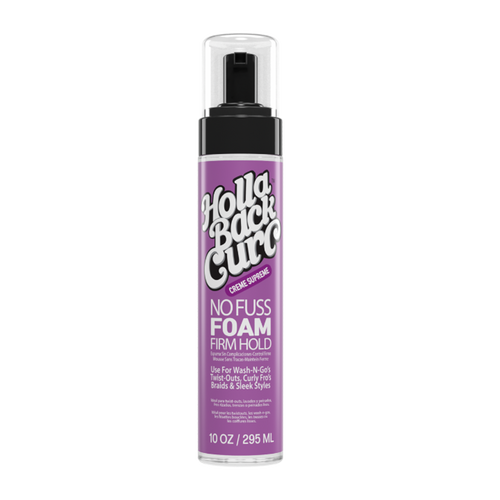 Purple 10oz bottle of Holla Back Curl Firm Hold No Fuss Foam with a pump top