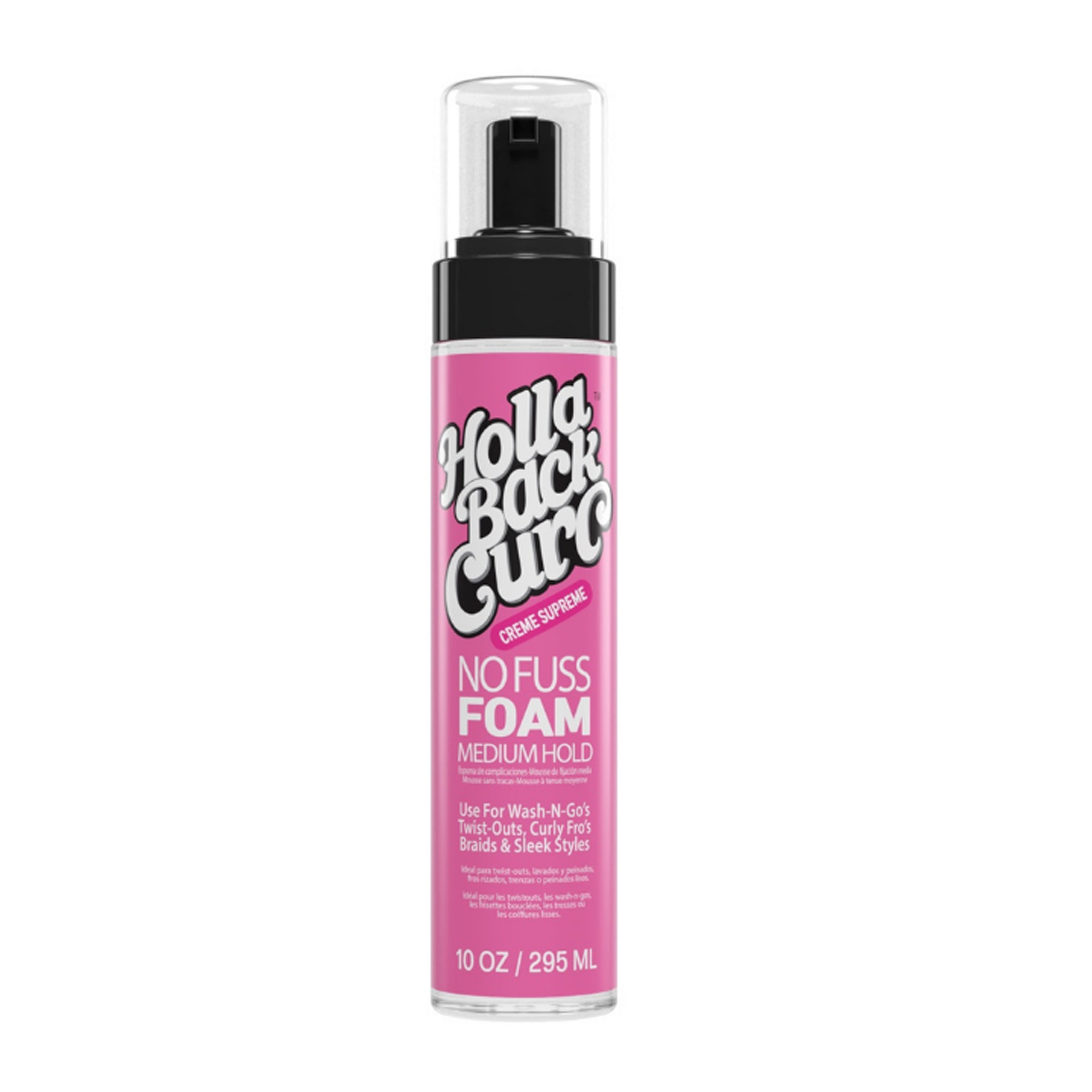 Pink 10oz bottle of Holla Back Curl No Fuss Medium Hold Foam with a pump top
