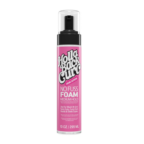Pink 10oz bottle of Holla Back Curl No Fuss Medium Hold Foam with a pump top