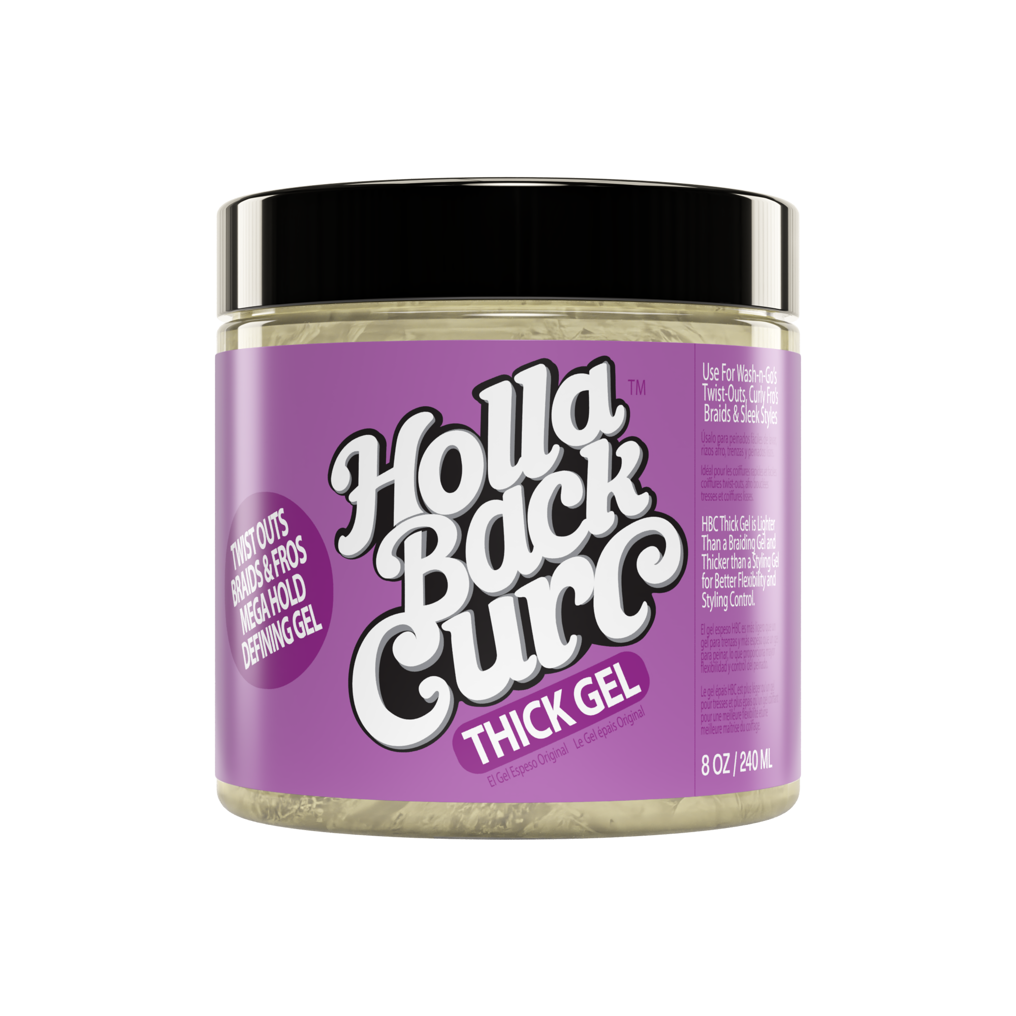 Jar of Holla Back Curl Thick Gel with purple label on a white background