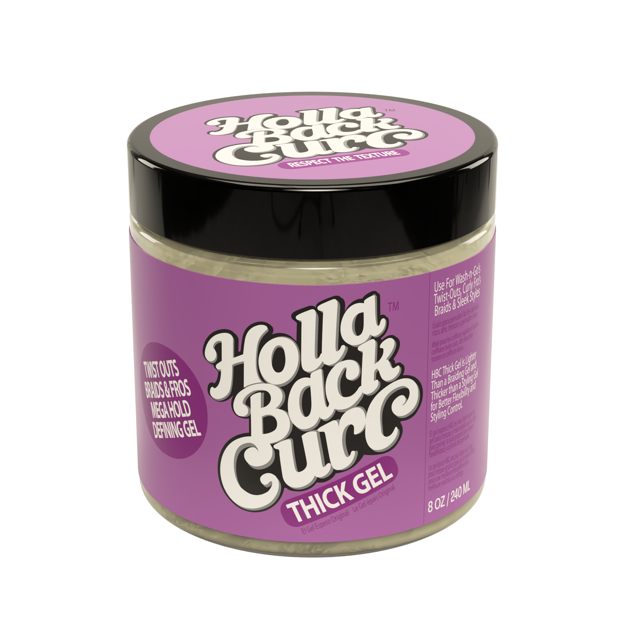 Jar of Holla Back Curl Thick Gel with purple label on a white background